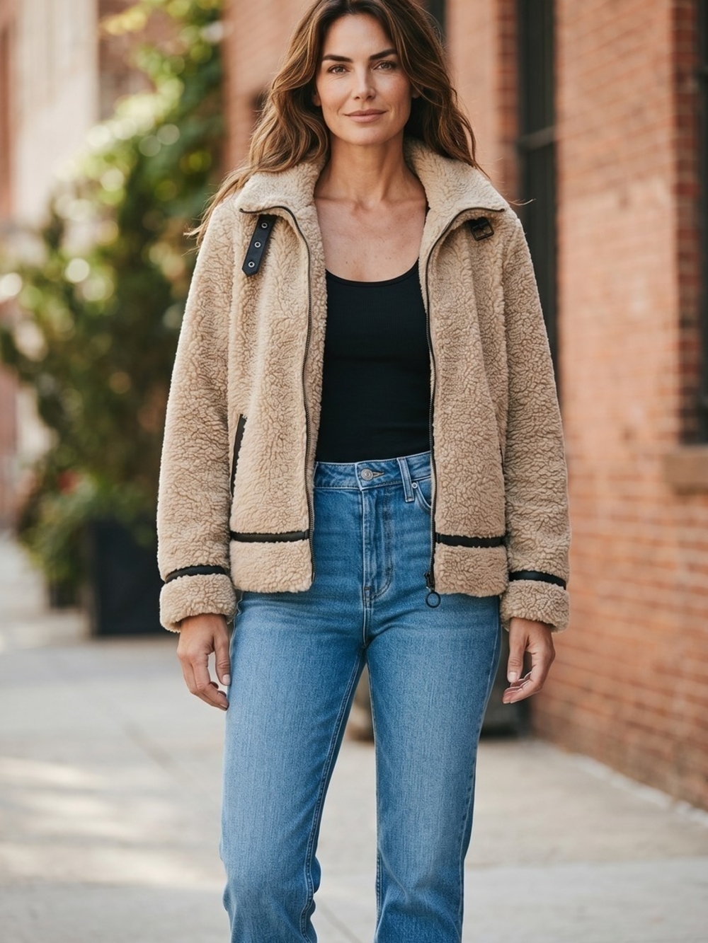 Steve Madden Tan Teddy Sherpa Jacket with Black Trim